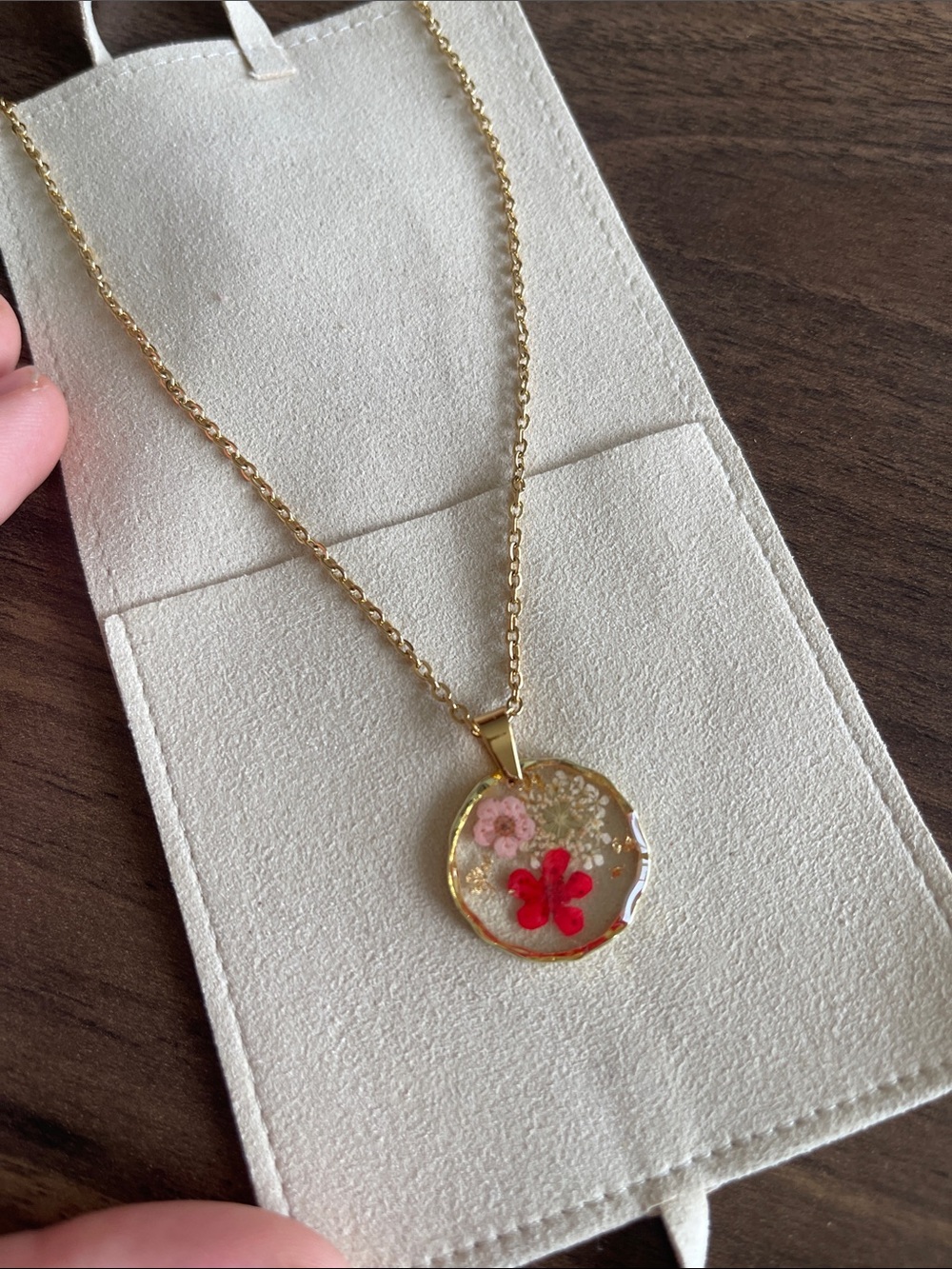 Gold Resin Floral Pendant Necklace with Red & Pink Accents